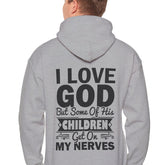 Heavy Blend Hoodie Sweatshirt "I Love God" black graphic on back