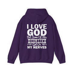 Heavy Blend Hoodie Sweatshirt "I Love God" white graphic print on back