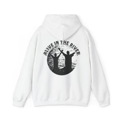 Heavy Blend Hooded Sweatshirt "Alive in the River" Printed on Back Black Font