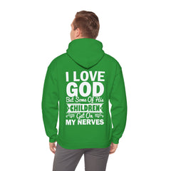Heavy Blend Hoodie Sweatshirt "I Love God" white graphic print on back