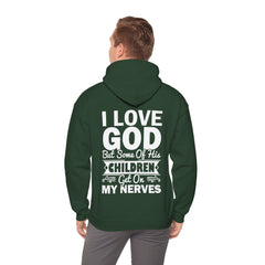 Heavy Blend Hoodie Sweatshirt "I Love God" white graphic print on back
