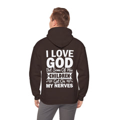 Heavy Blend Hoodie Sweatshirt "I Love God" white graphic print on back