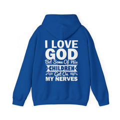 Heavy Blend Hoodie Sweatshirt "I Love God" white graphic print on back