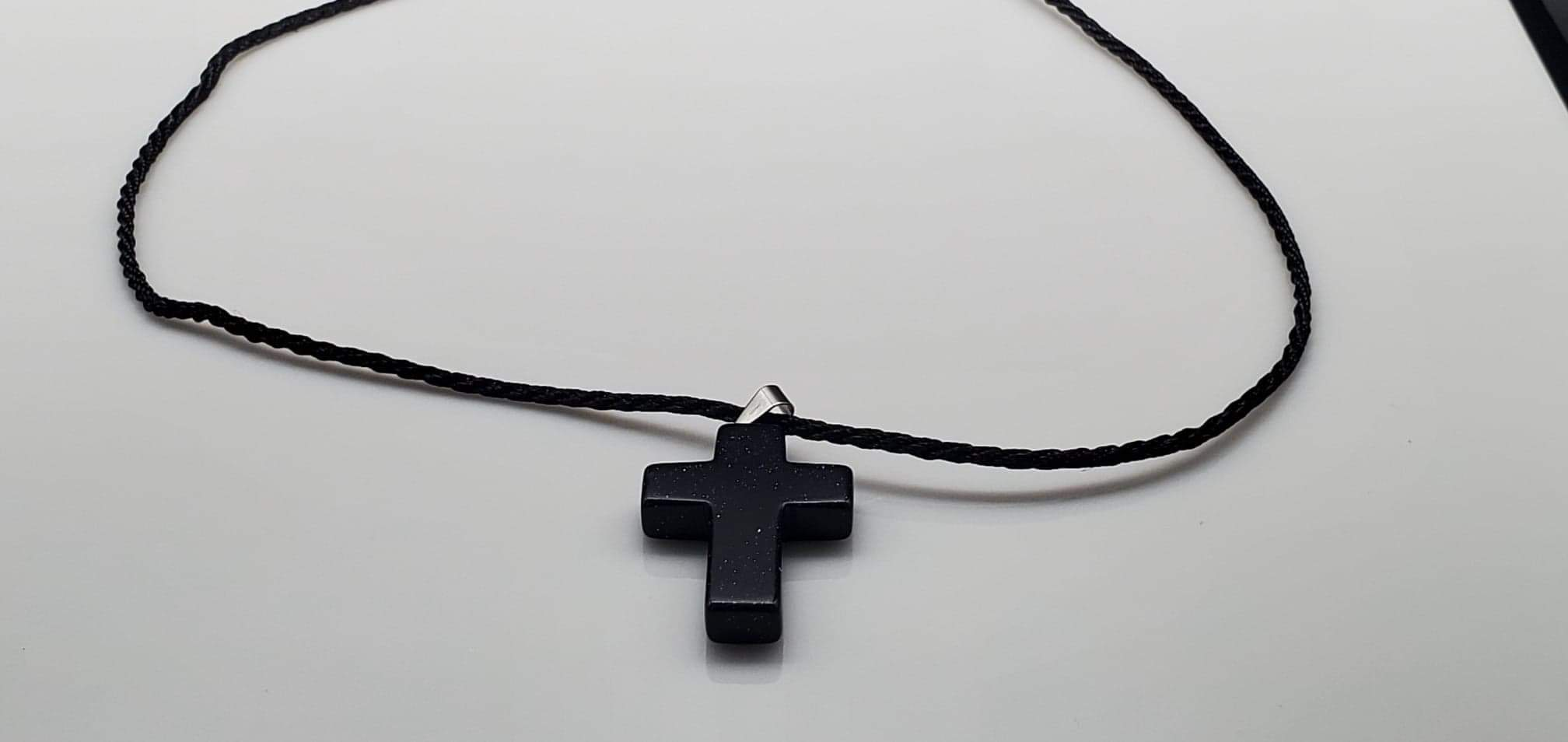 Blue Sand Gemstone 1.6 inch Cross Necklace with Black or White Rope Chain Free Shipping (4395374248030)