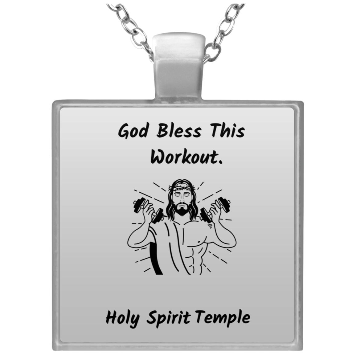 Square Silver Plated Necklace "God Bless This Workout" (3518957682788)