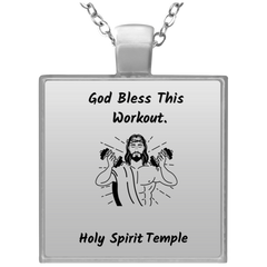Square Silver Plated Necklace "God Bless This Workout" (3518957682788)