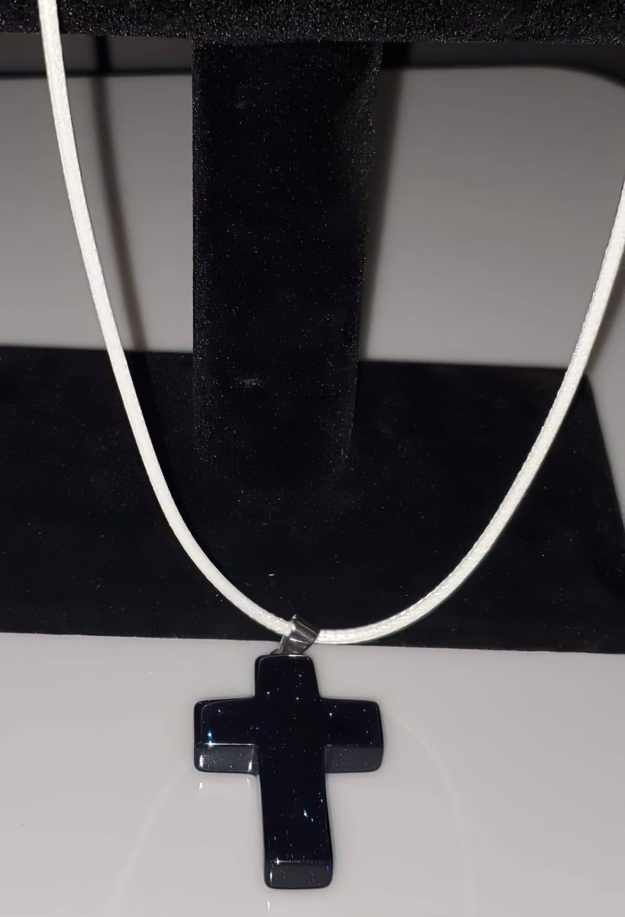 Blue Sand Gemstone 1.6 inch Cross Necklace with Black or White Rope Chain (4395374248030)