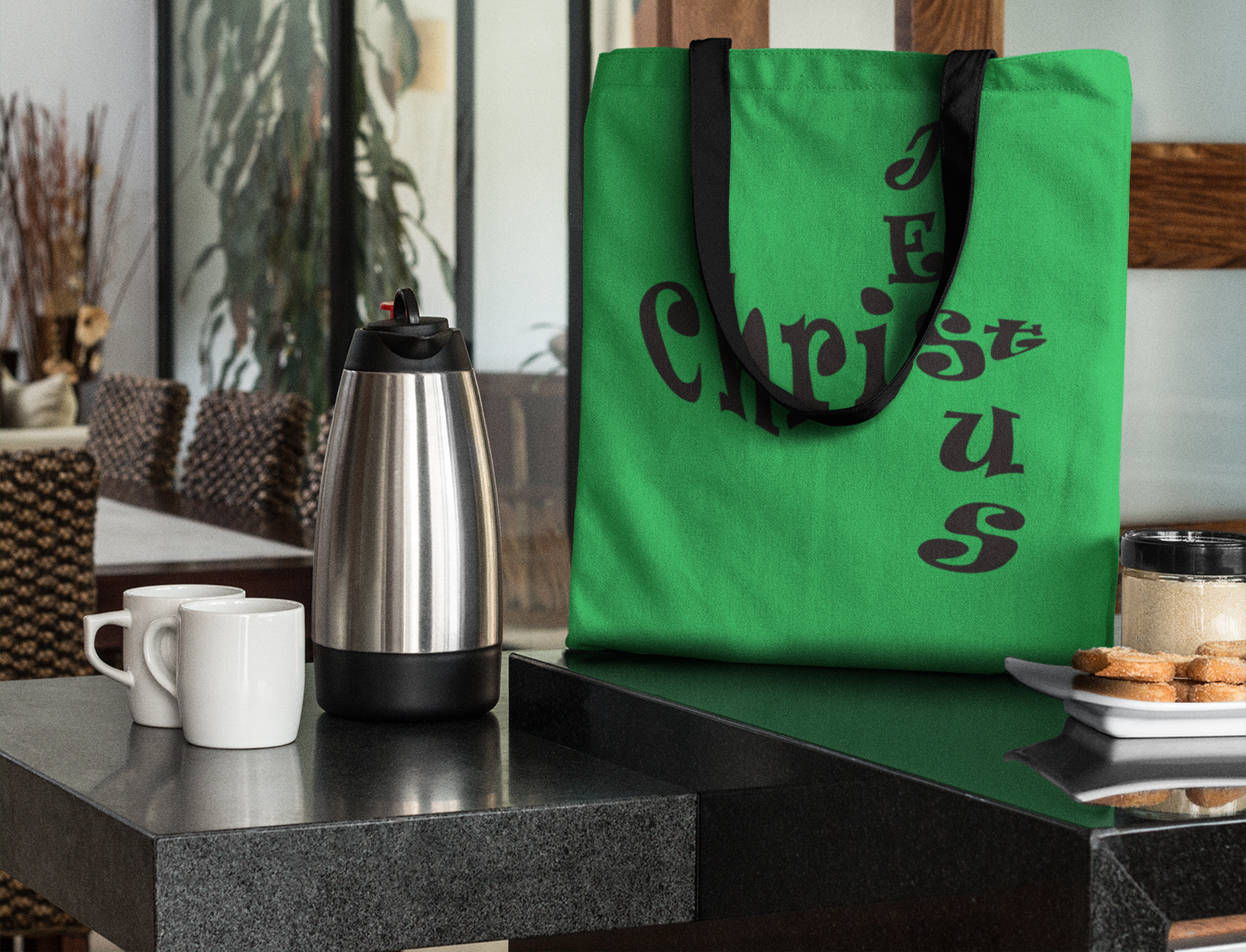 AOP Tote Bag "Jesus Christ" in Christmas Green in 3 Sizes (3556835950692)