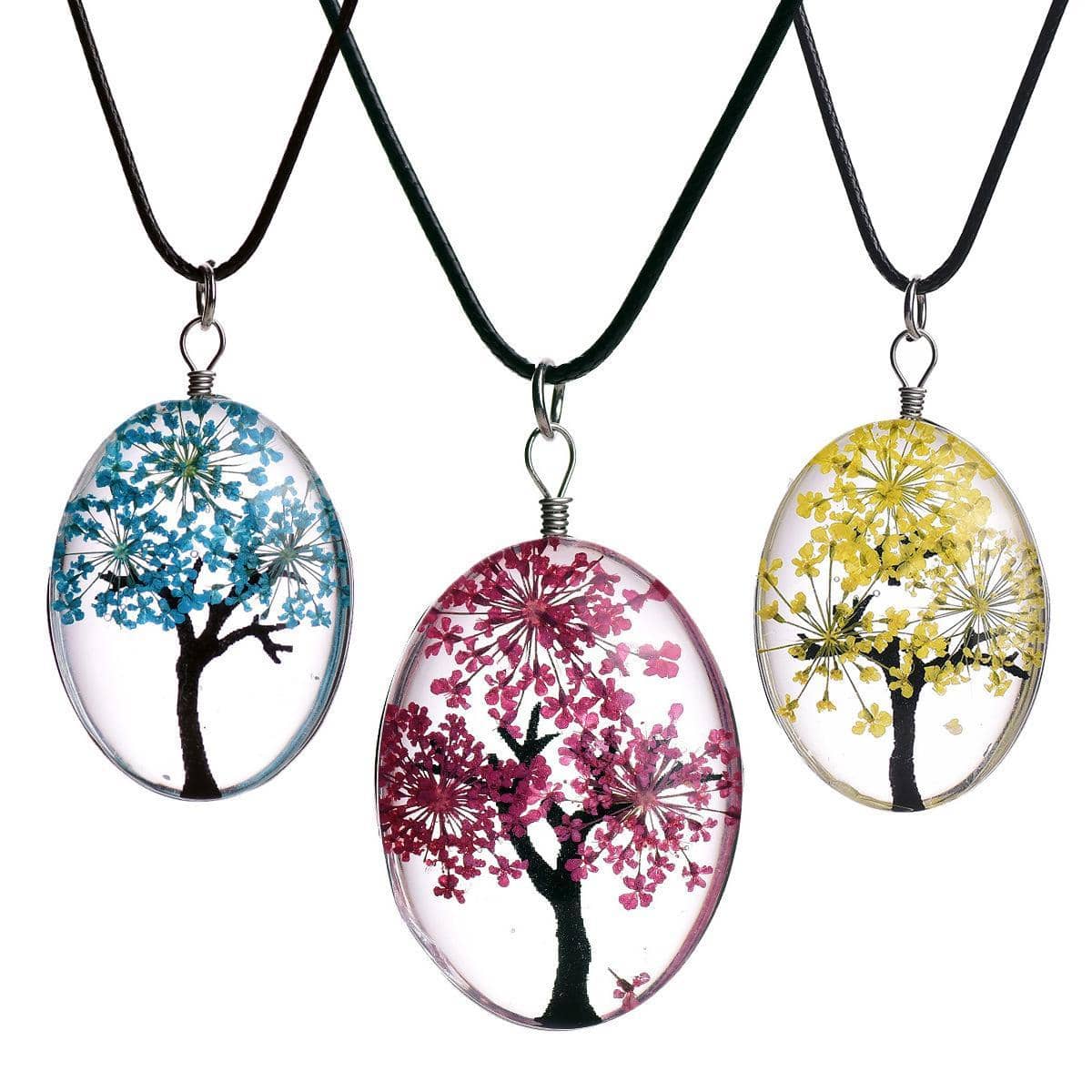 Tree of Life Dried Flower Necklace Glass Oval Terrarium in 10 Colors Free Shipping from USA (3936682836062)