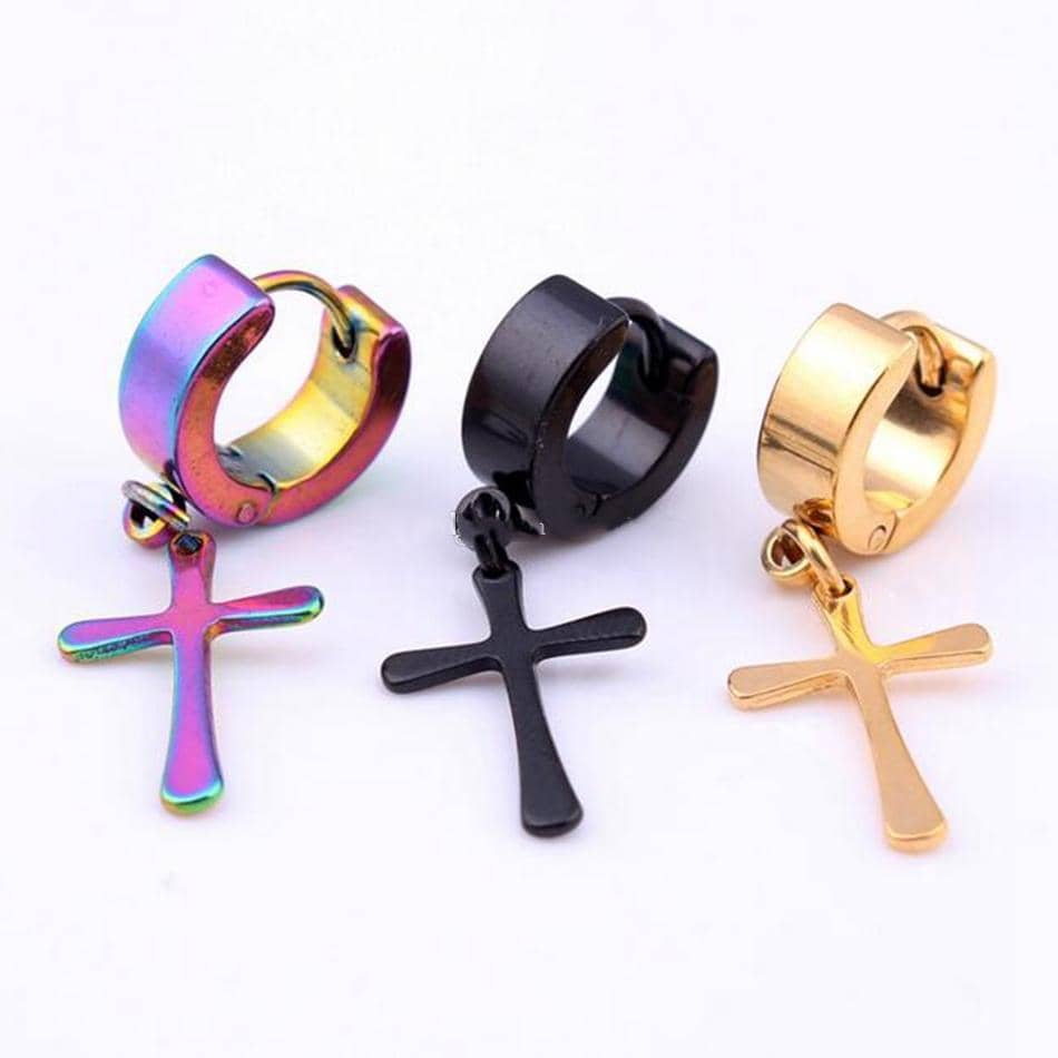 Stainless Steel Hoop Pierced Cross Earrings in 4 Styles Free Shipping from USA (3962611040350)