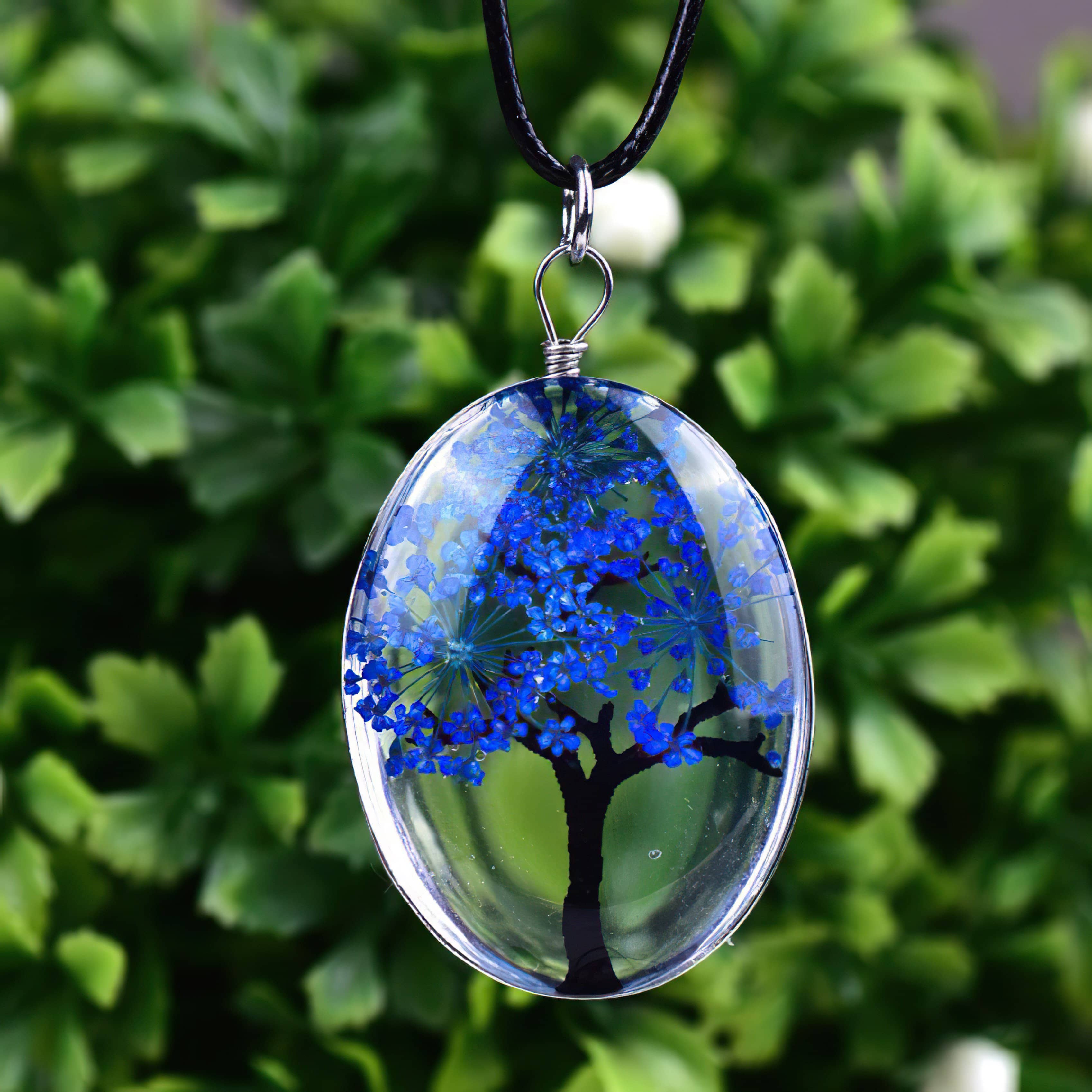 Tree of Life Dried Flower Necklace Glass Oval Terrarium in 10 Colors Free Shipping from USA (3936682836062)