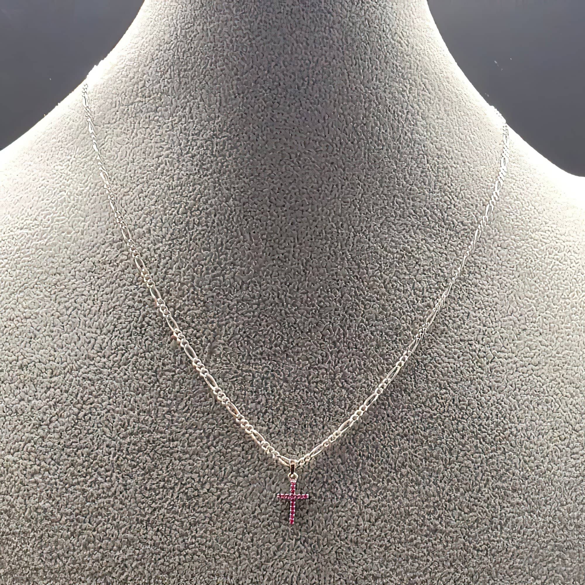 Ruby CZ Solid 925 Cross on a Figaro Cahin (4783578153054)