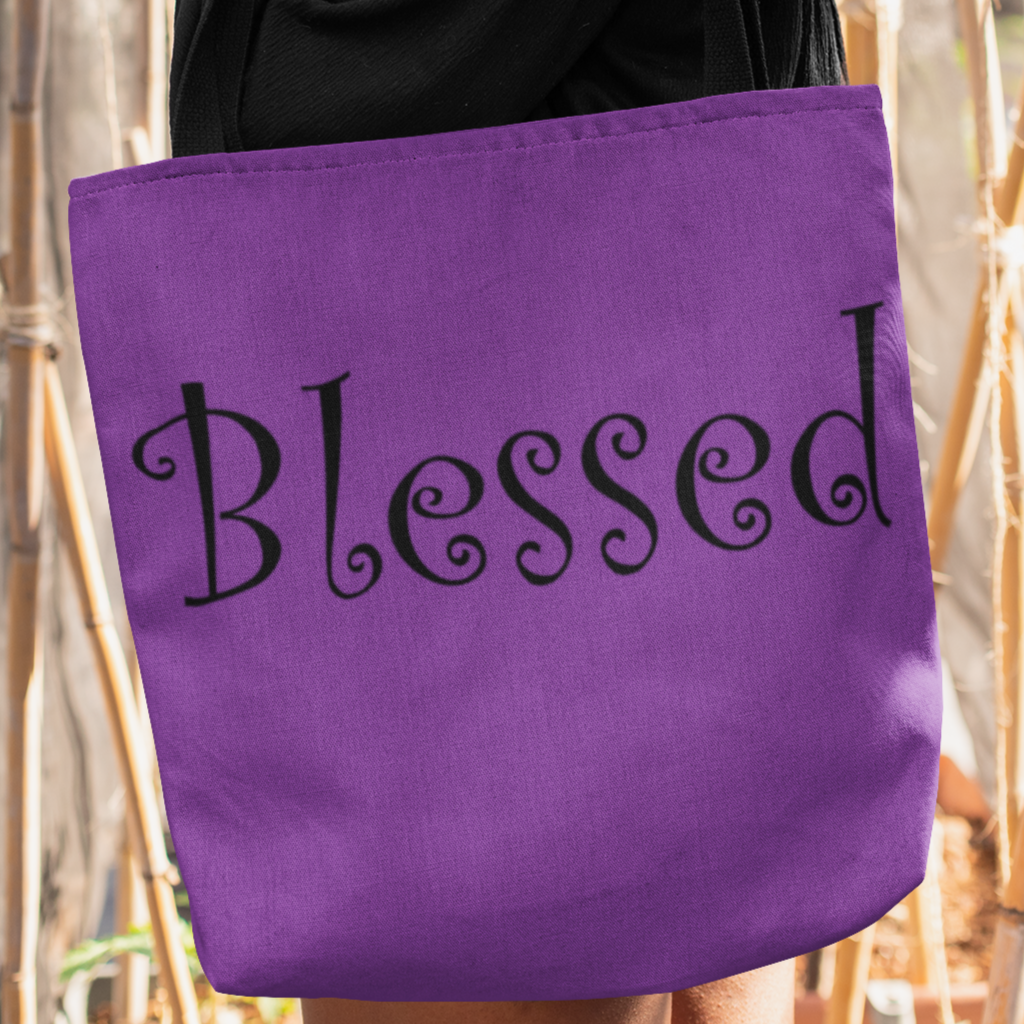 AOP Tote Bag Purple "Blessed" Printed on both sides available in 3 Sizes (3471136653412)