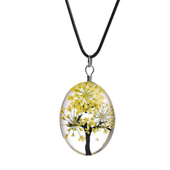 Tree of Life Dried Flower Glass Oval Terrarium Necklace in Yellow (4397948731486)