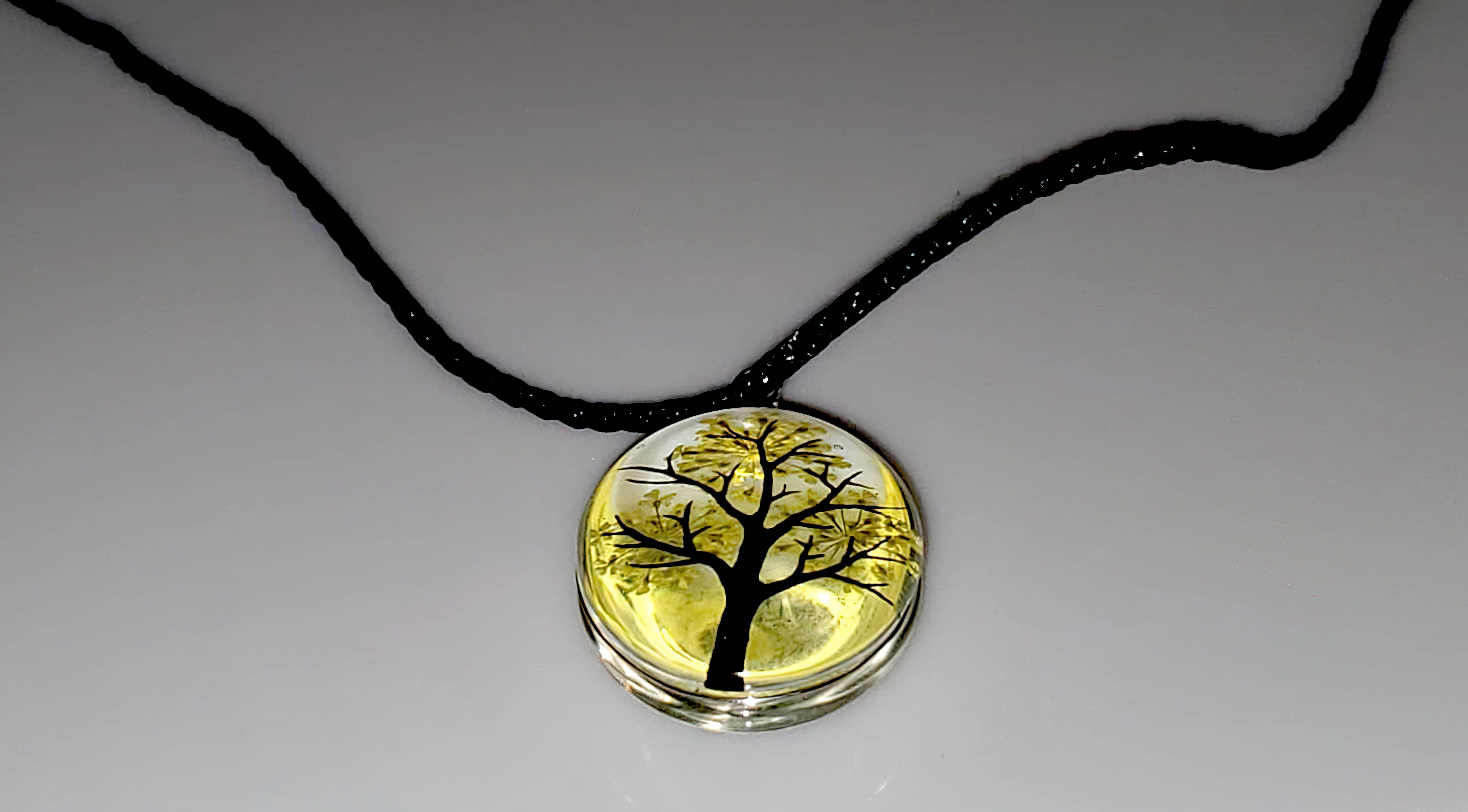 Tree of Life Dried Flower Glass Oval Terrarium Necklace in Yellow (4397948731486)