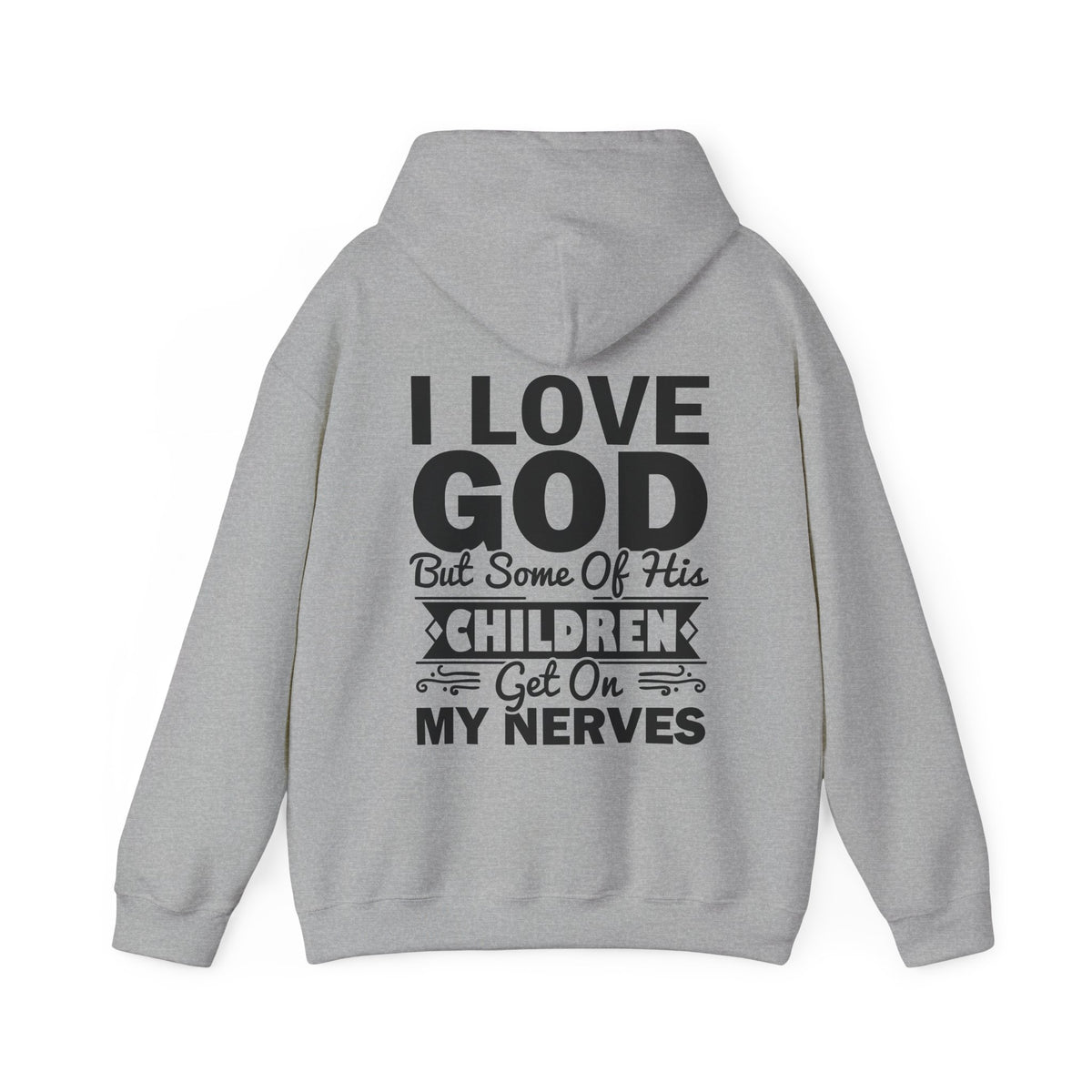 Heavy Blend Hoodie Sweatshirt "I Love God" black graphic on back