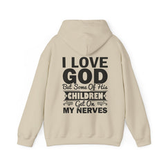 Heavy Blend Hoodie Sweatshirt "I Love God" black graphic on back