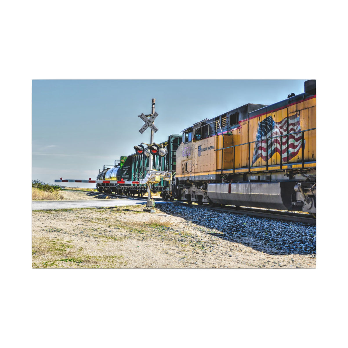 Patriotic Freight Train Matte Canvas Wall Art — Stretched Railway Landscape Print
