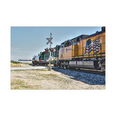 Patriotic Freight Train Matte Canvas Wall Art — Stretched Railway Landscape Print