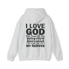 Heavy Blend Hoodie Sweatshirt "I Love God" black graphic on back