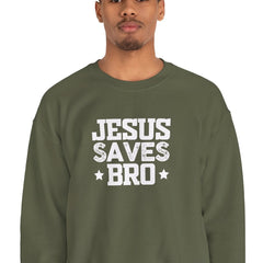 Heavy Blend Crewneck Sweatshirt "Jesus Saves Bro" white graphic