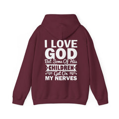 Heavy Blend Hoodie Sweatshirt "I Love God" white graphic print on back