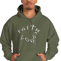 Heavy Blend Hooded Sweatshirt "Faith Hope Love" white font