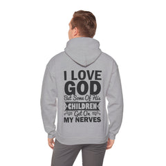 Heavy Blend Hoodie Sweatshirt "I Love God" black graphic on back