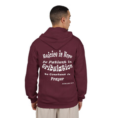 Heavy Blend Full Zip Hoodie Sweatshirt Romans 12:12 on Back in 6 Colors and 8 Sizes