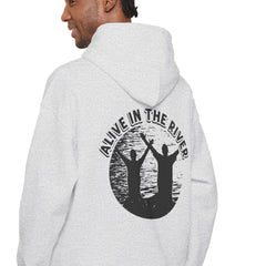 Heavy Blend Hooded Sweatshirt "Alive in the River" Printed on Back Black Font