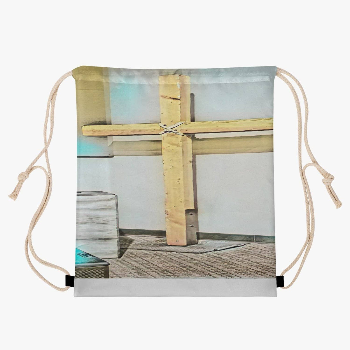 Polyester Drawstring Backpack &quot;The Cross&quot; in a Light Theme