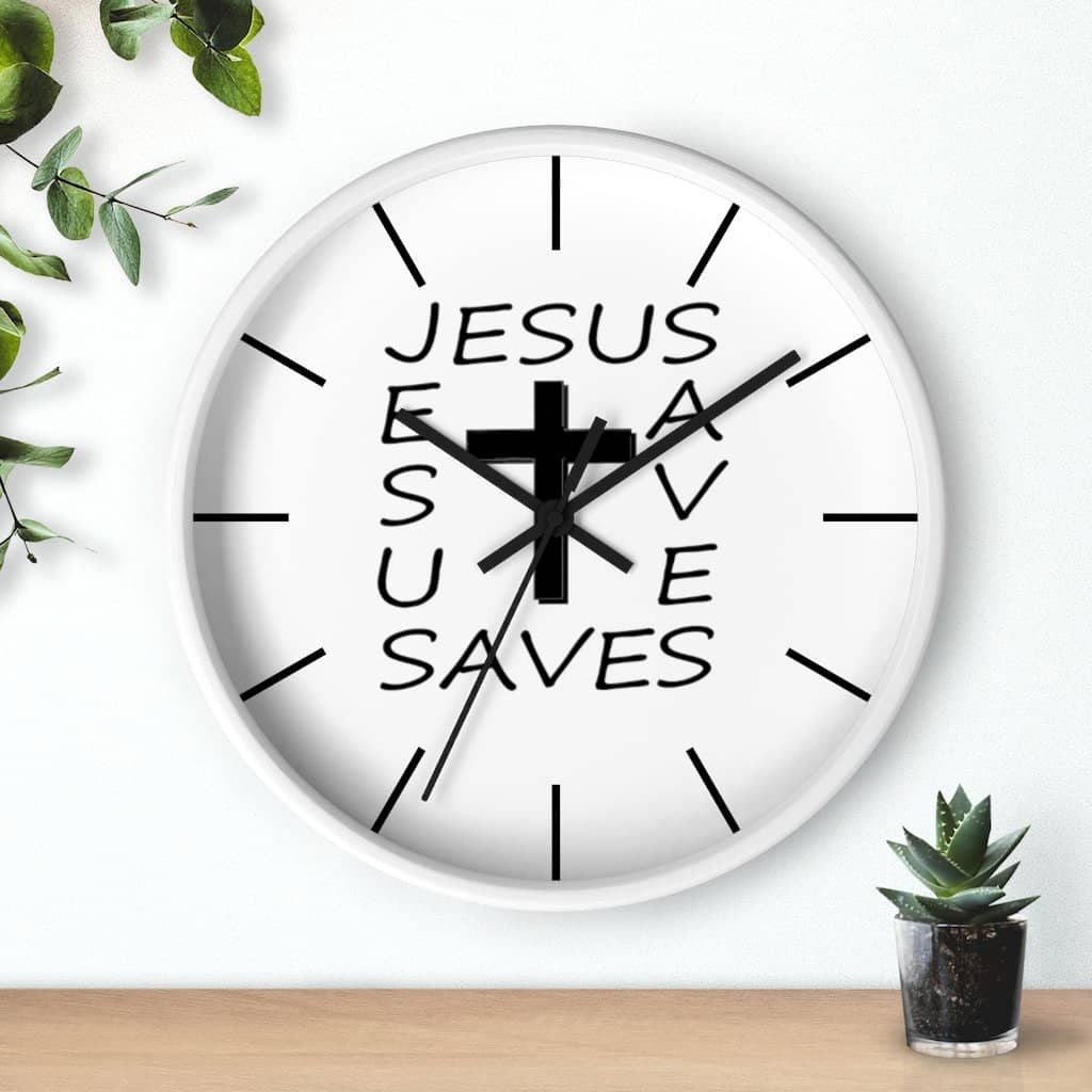 Wall Clock "Jesus Saves" in Black or White Frame (3350461382756)