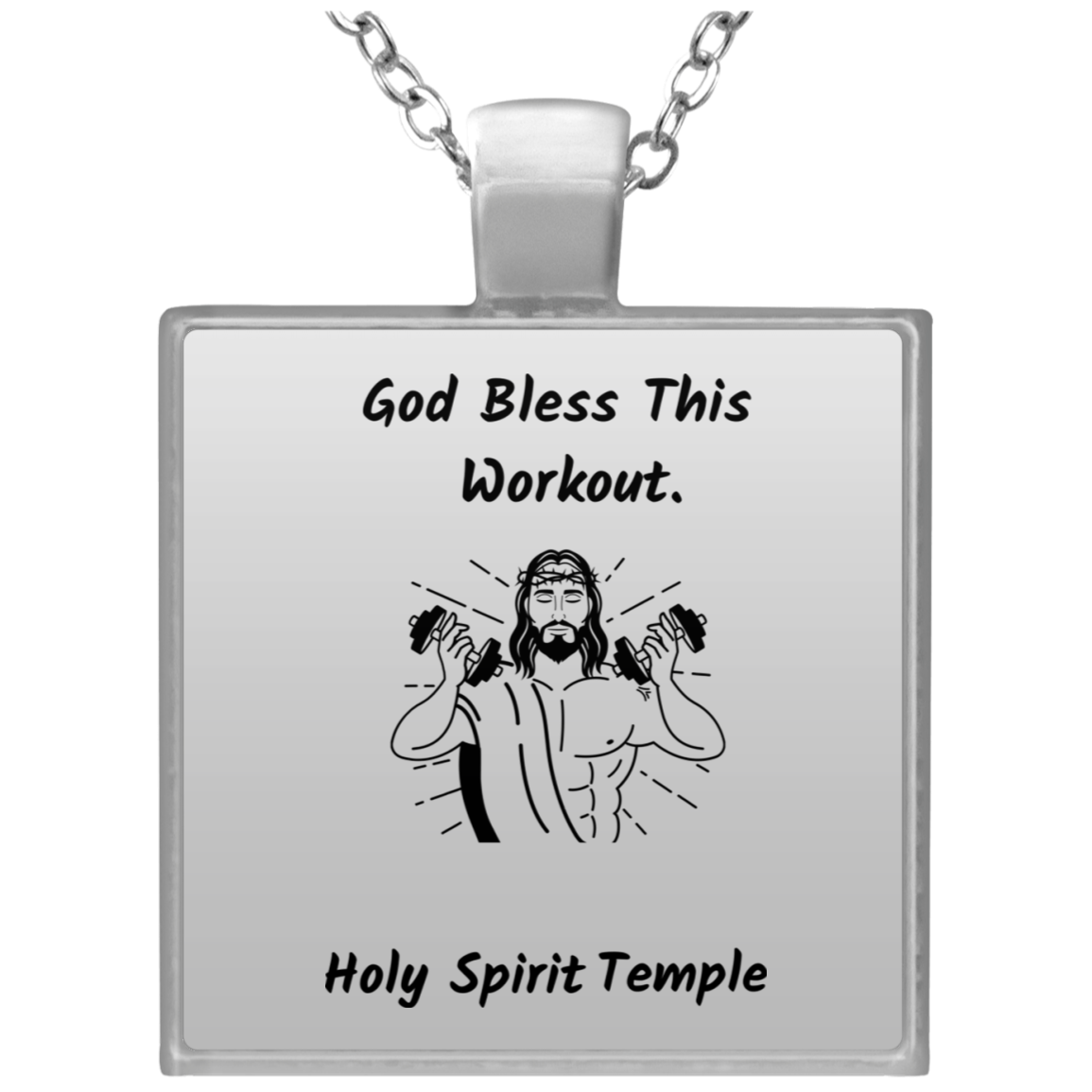 Square Silver Plated Necklace &quot;God Bless This Workout&quot; (3518957682788)