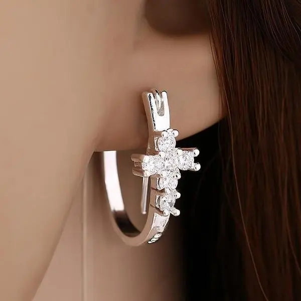 Silver Hoop Earrings with Crystal Cross  (cubic zirconia) My Righteous Apparel