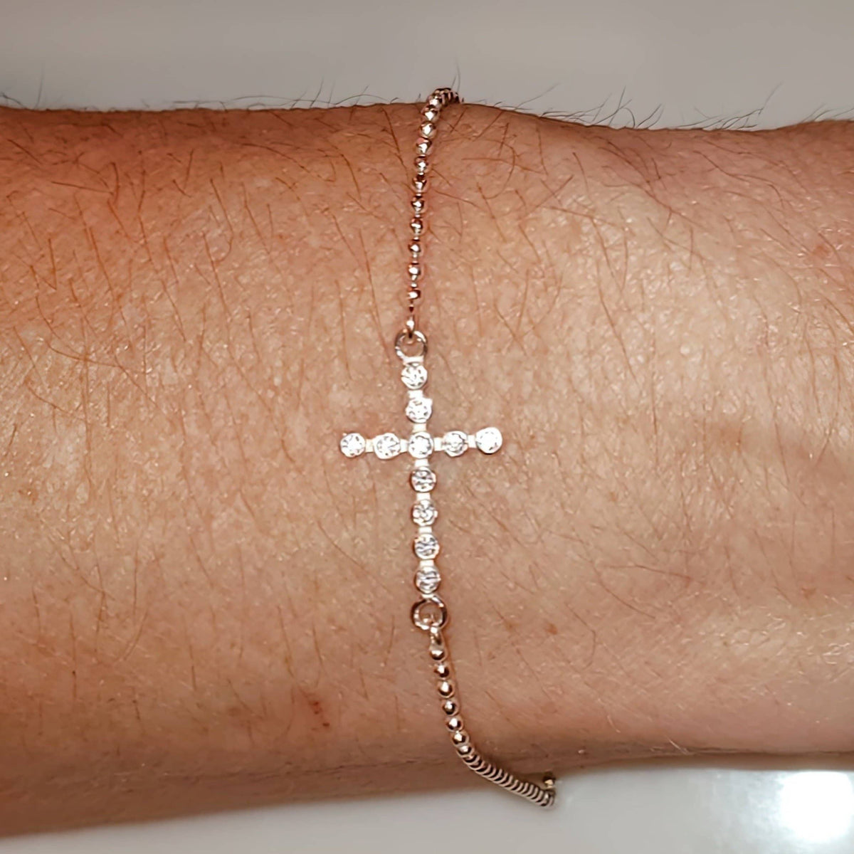 Sideways Cross Beaded Bracelet Sterling Silver with CZ Stones