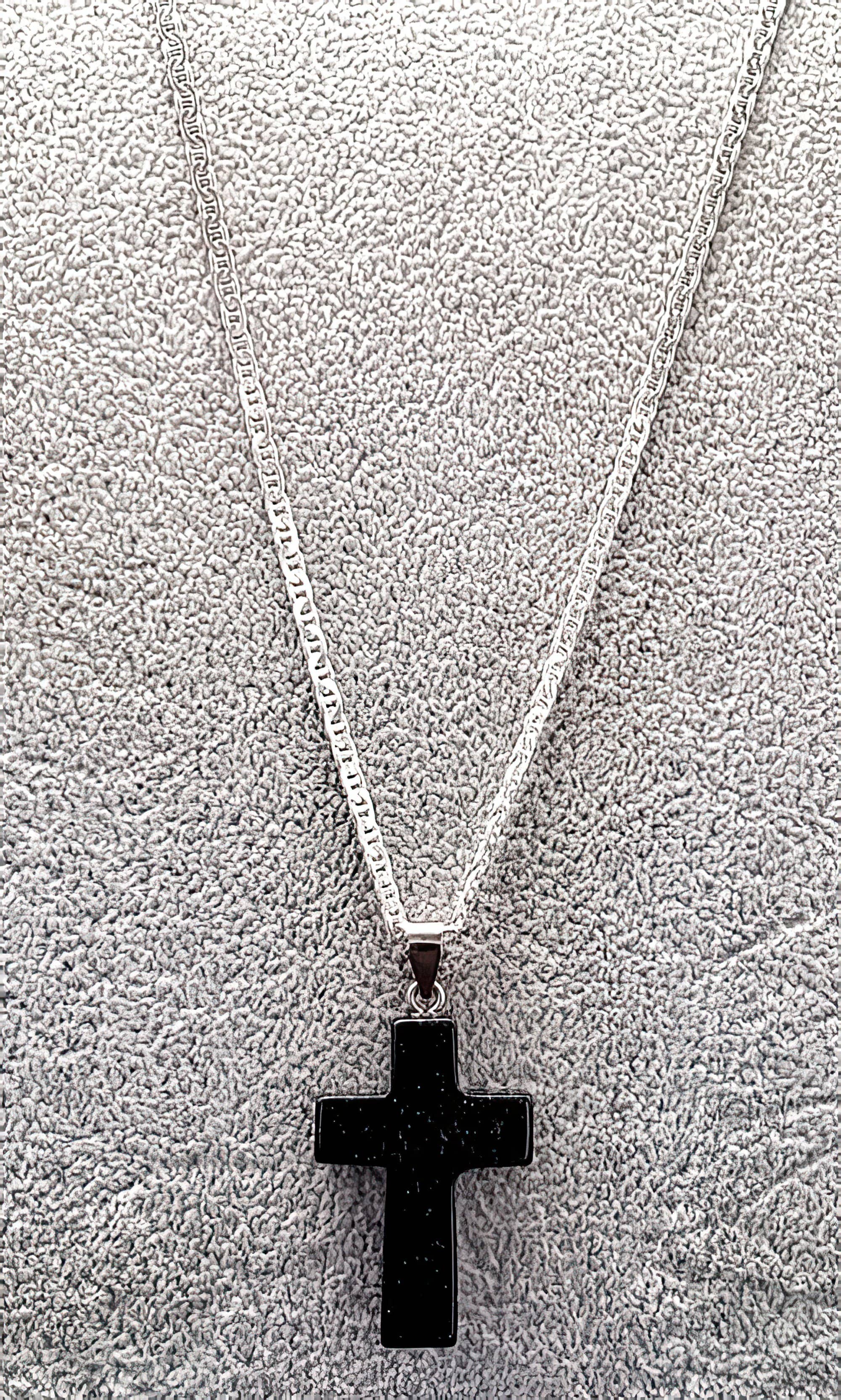 Blue Sand Gemstone 1.6 inch Cross Necklace with Black or White Rope Chain Free Shipping (4395374248030)