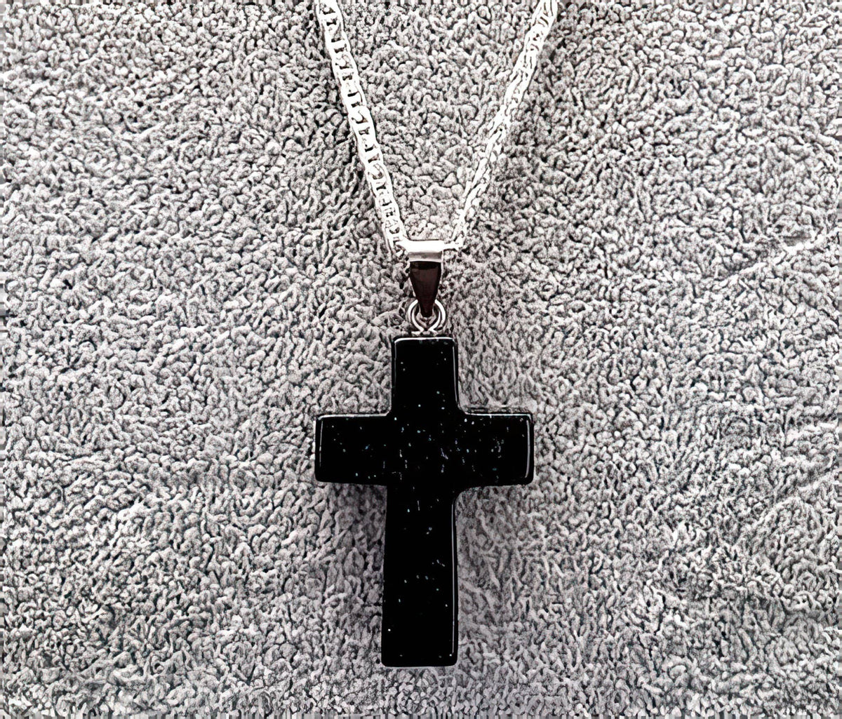 Blue Sand Gemstone 1.6 inch Cross Necklace with Black or White Rope Chain Free Shipping (4395374248030)