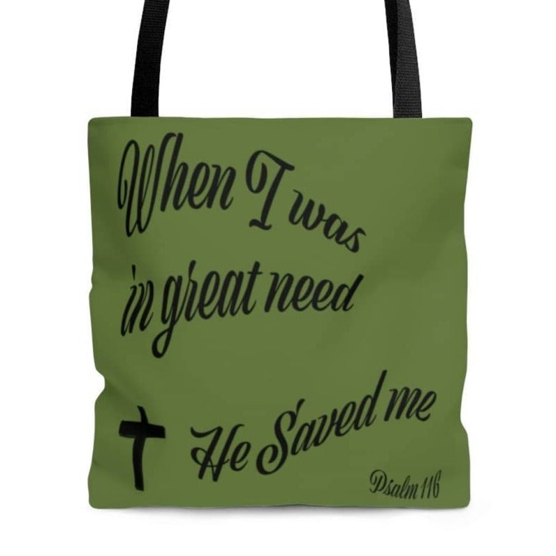 AOP Tote Bag Army Green "When I was in Great Need" in 3 Sizes (3525015666788)