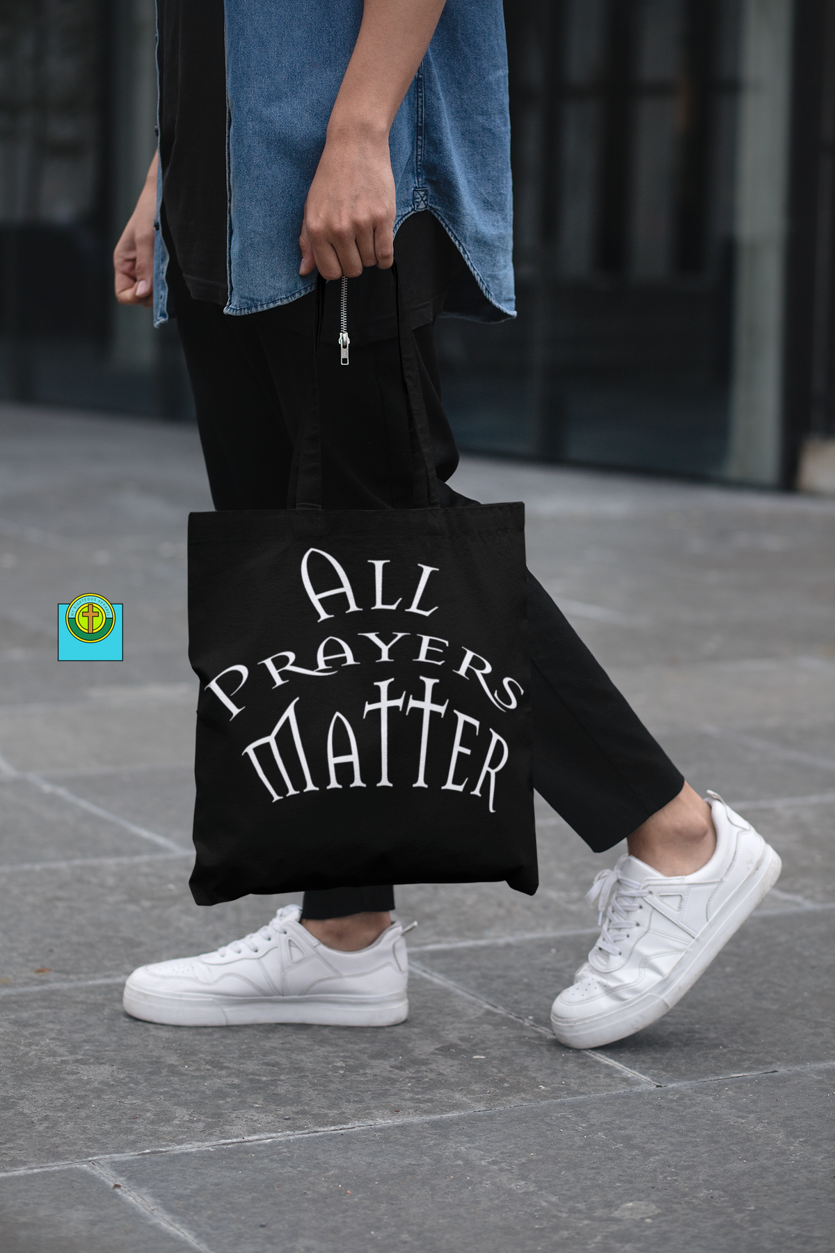 AOP Tote Bag Black  &quot;All Prayers Matter&quot; in 3 Sizes