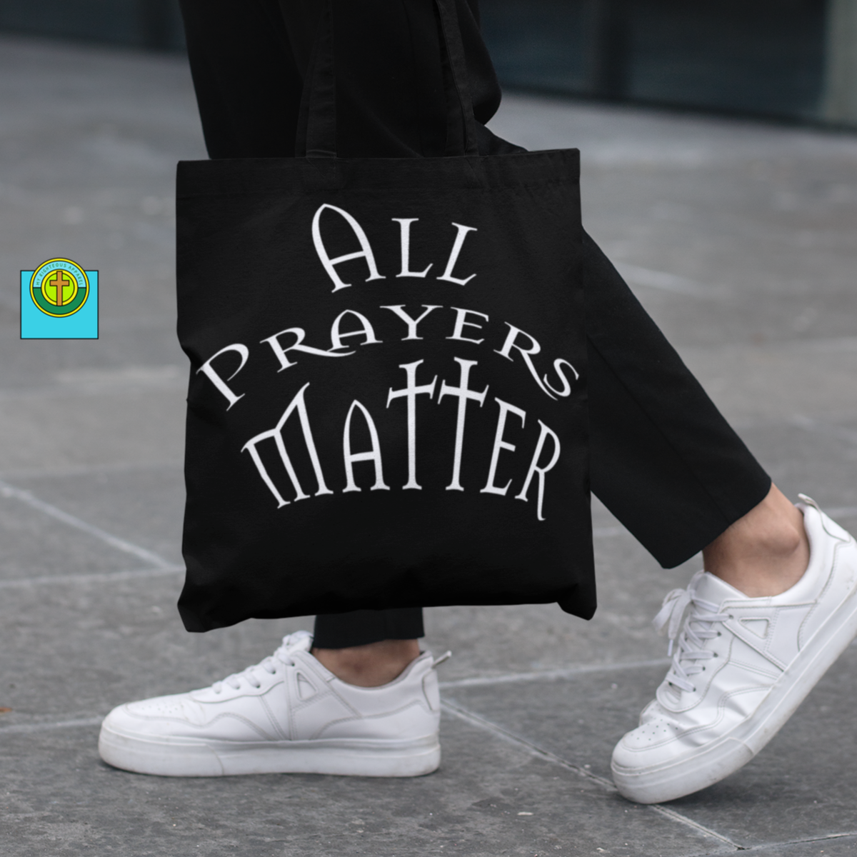 AOP Tote Bag Black  &quot;All Prayers Matter&quot; in 3 Sizes