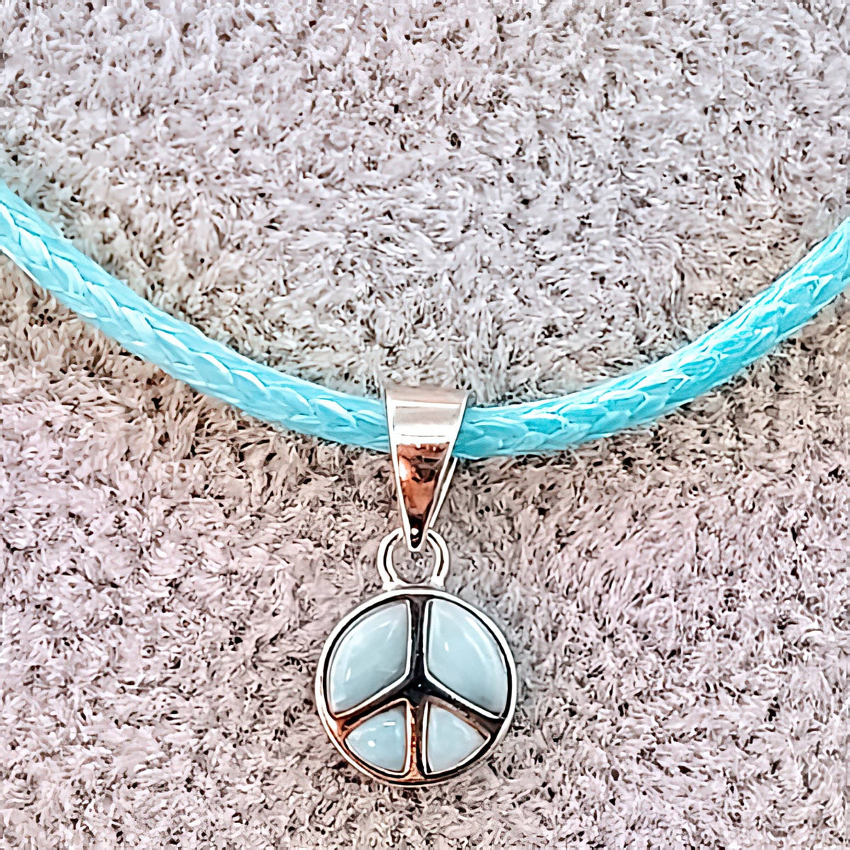 Natural Larimar Peace Sign 925 Sterling Silver Charm (4783775514718)