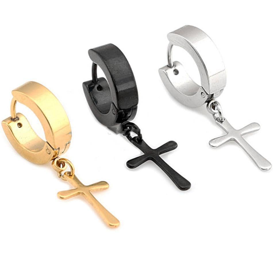 Stainless Steel Hoop Pierced Cross Earrings in 4 Styles Free Shipping from USA (3962611040350)