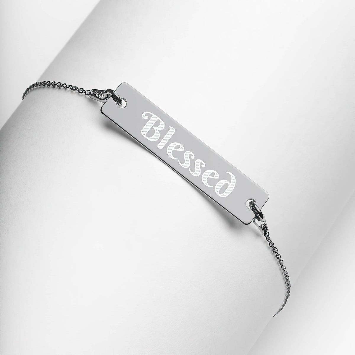 Engraved Silver Bar Chain Bracelet &quot;Blessed&quot; (4693155315806)