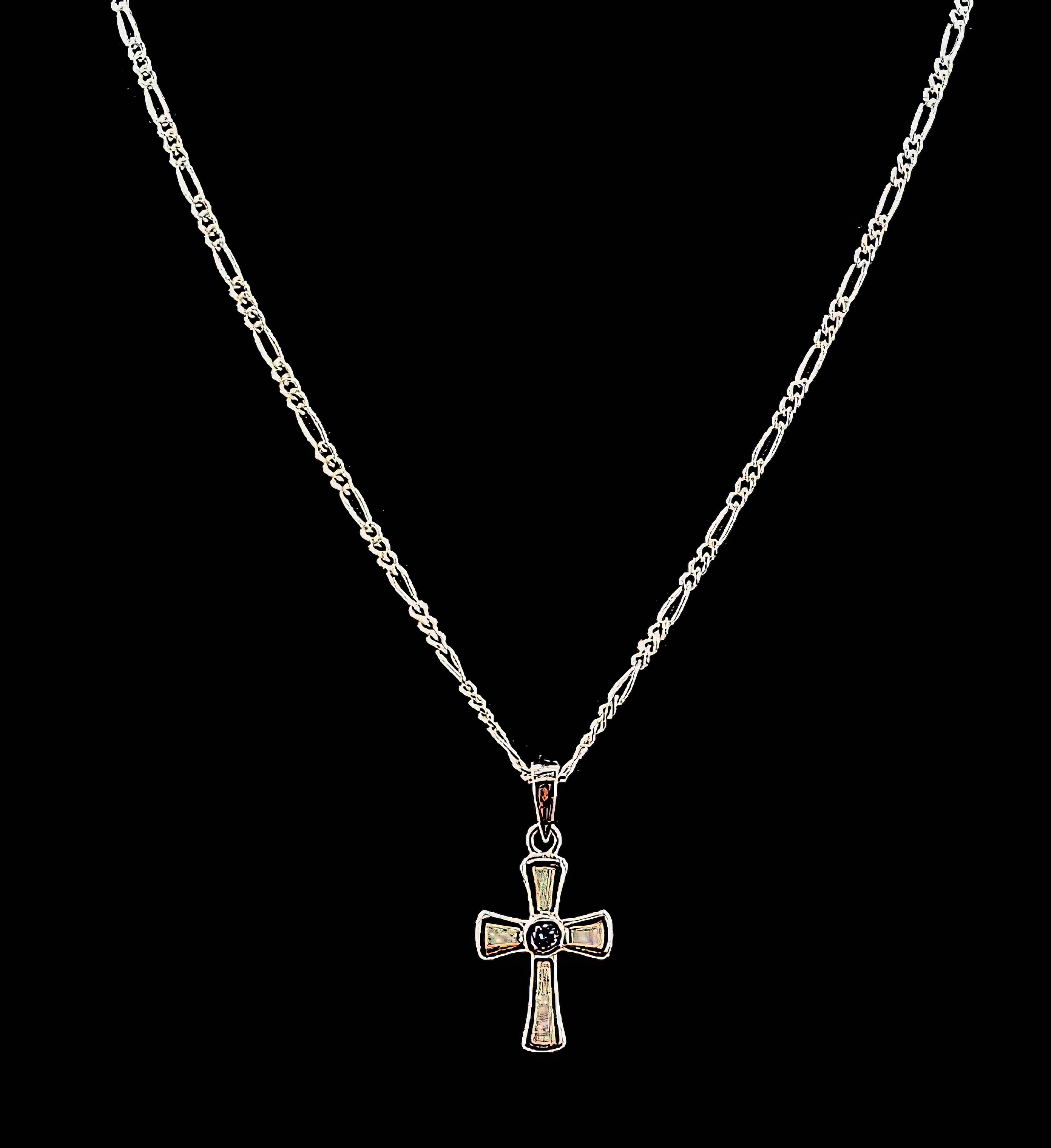 White Opal Cross .925 SOLID Sterling Silver Pendant on Figaro 925 SOLID Sterling Chain (4635161886814)