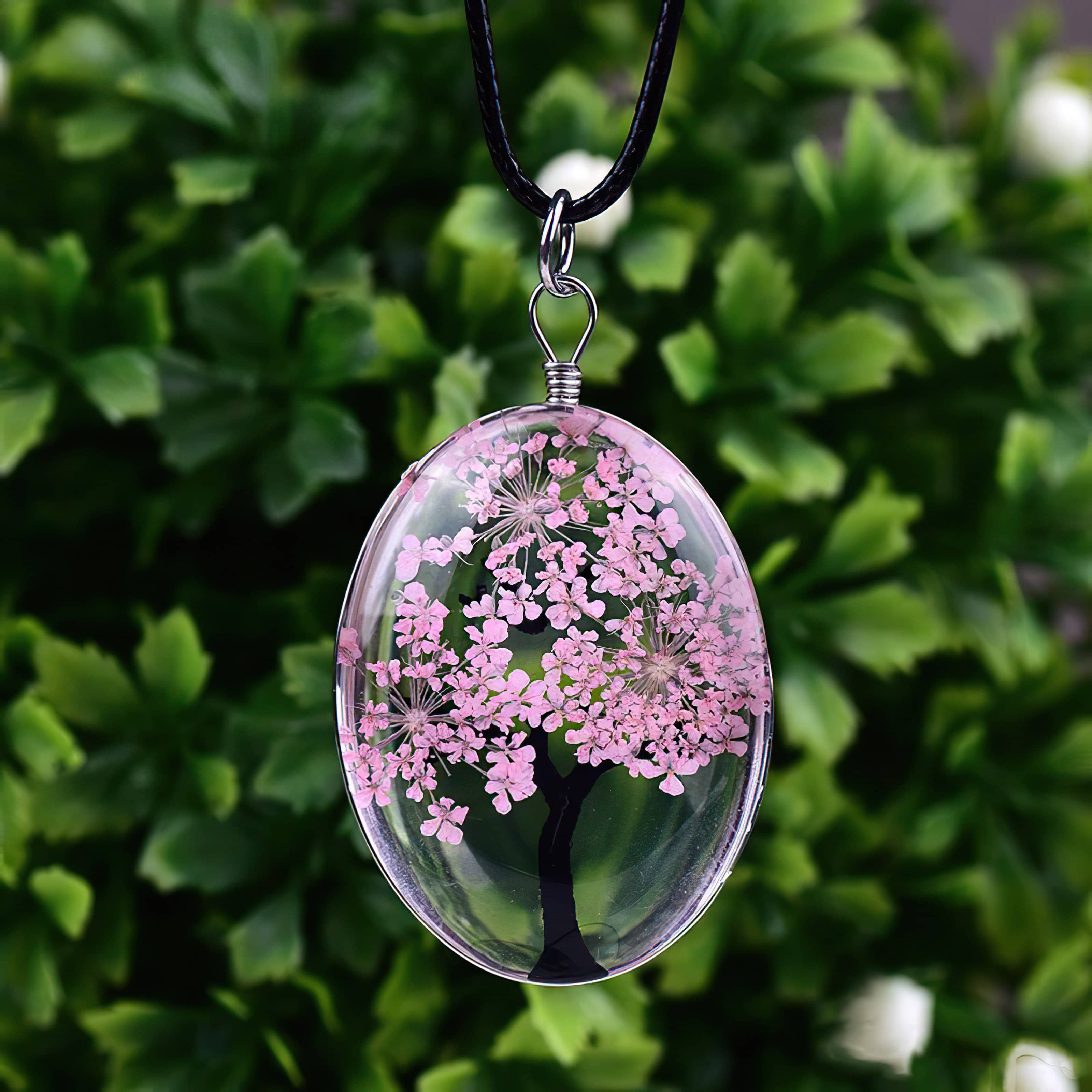 Tree of Life Dried Flower Necklace Glass Oval Terrarium in 10 Colors
