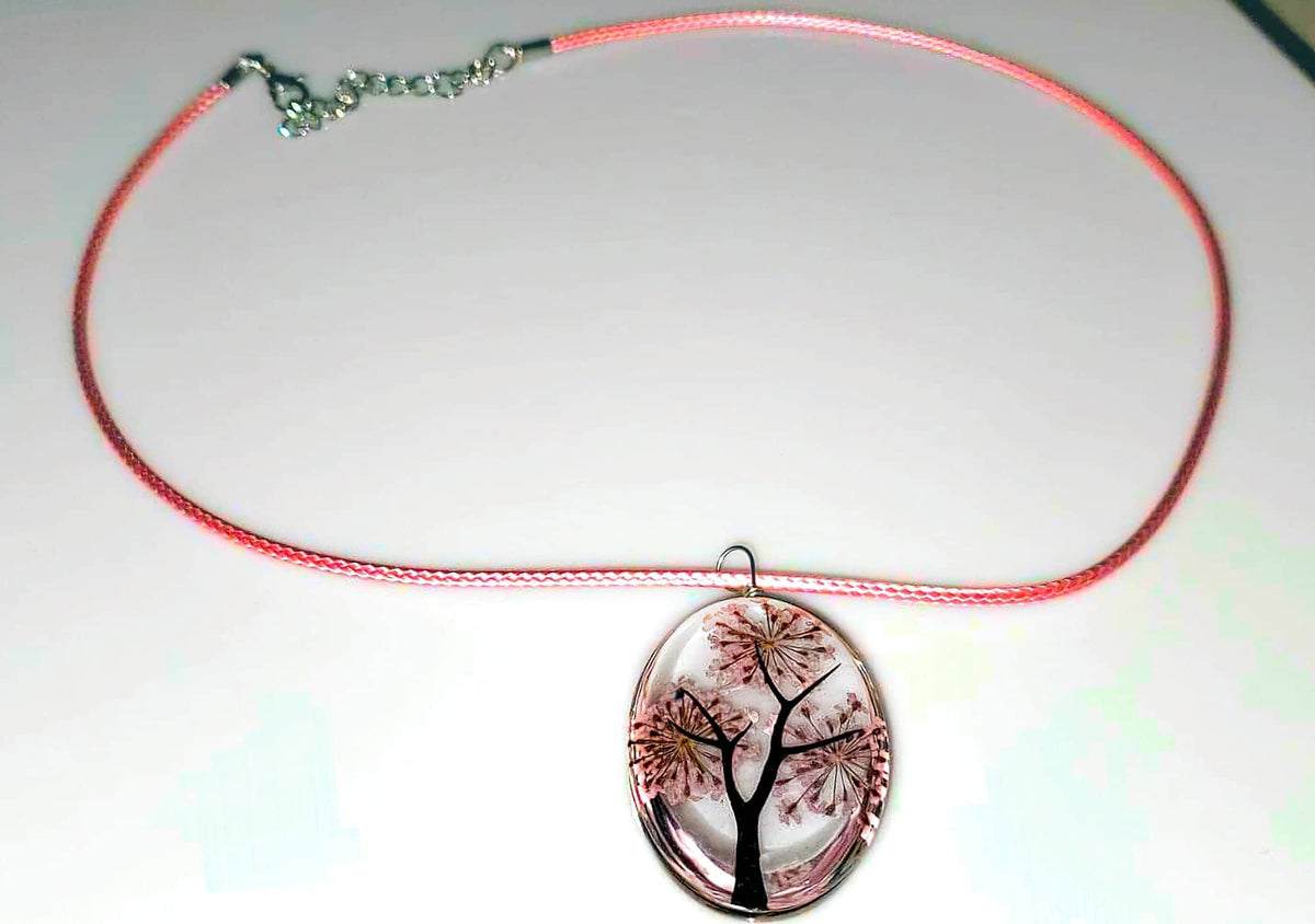 Tree of Life Dried Flower Glass Oval Terrarium Necklace Pink (4397293207646)