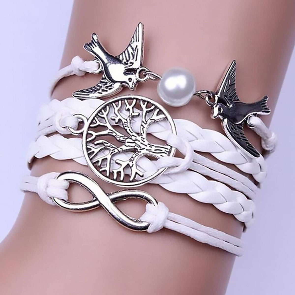 Infinity Handmade Adjustable Leather Doves Tree Infinity Charms Multilayer Bracelet (2047628247140)
