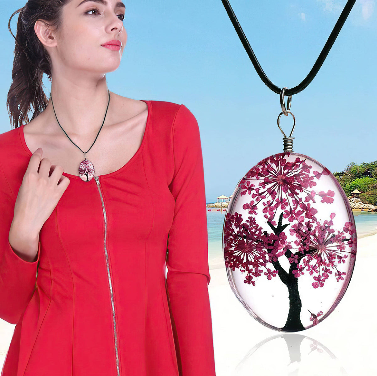 Tree of Life Dried Flower Glass Oval Terrarium Necklace Red (4397967573086)