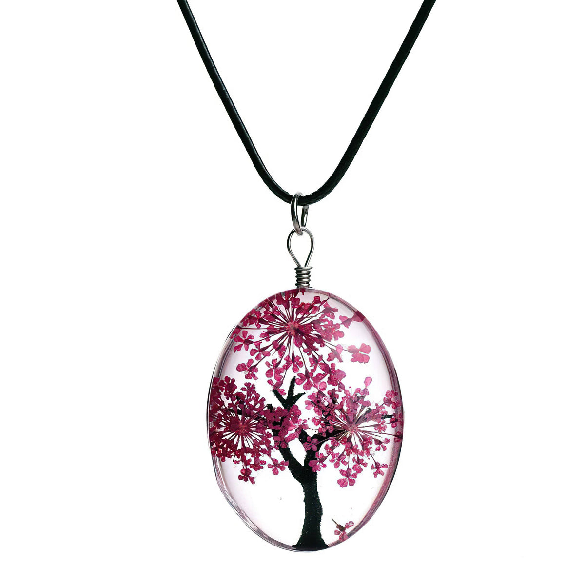 Tree of Life Dried Flower Glass Oval Terrarium Necklace Red (4397967573086)