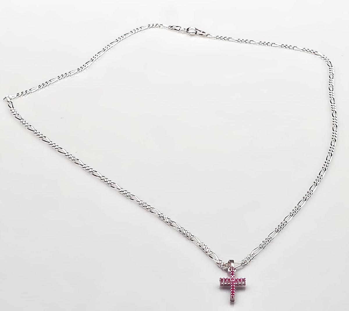 Ruby CZ Solid 925 Cross on a Figaro Cahin (4783578153054)